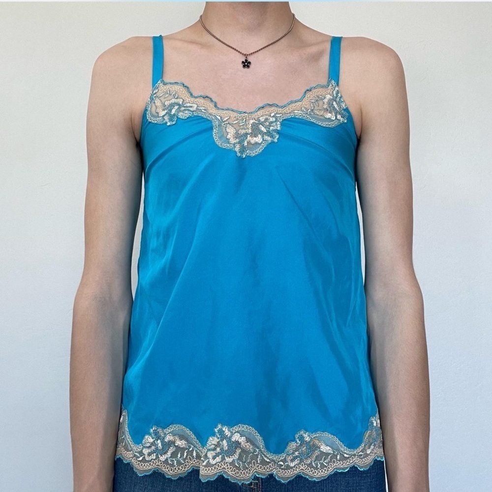 NWT 2000s Y2K Express headstock contrasting 100% Silk Lace Blue Cream Cami M